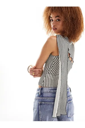 Lioness Asymmetric button detail drape shoulder top in gray stripe
