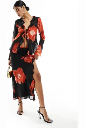 EVER NEW Sheer ruffle maxi skirt in dark floral - part of a set