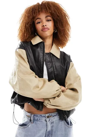 Lioness Leather look contrast bomber jacket in black and camel