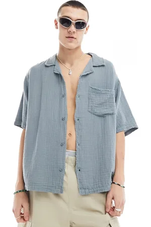 COLLUSION Textured oversized camp collar short sleeve shirt with raw seam detail in slate