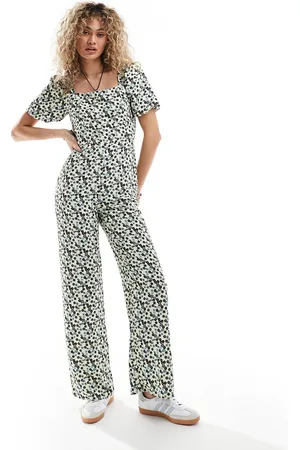 Glamorous Square neck bow tie tea jumpsuit in butterscotch retro ditsy
