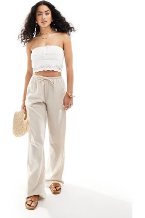 Bershka Tie waist wide leg linen pants in sand
