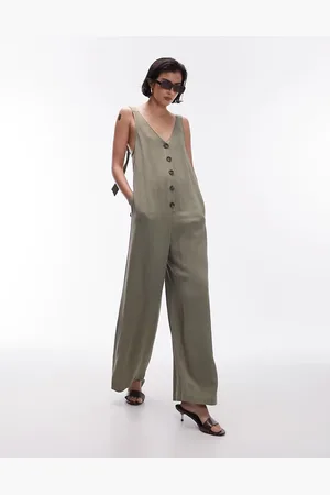 Topshop V neck button down knotted strap jumpsuit in khaki