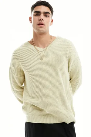 ASOS Oversized knitted fisherman rib sweater with v-neck in oatmeal