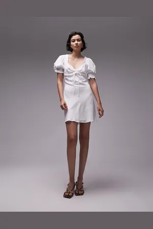 Topshop Ruched front tea dress with puff sleeves in ivory linen mix