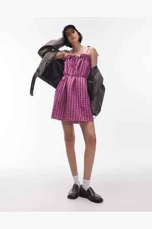 Topshop Textured mini chuck on strappy dress in plaid