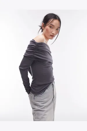 Topshop Long sleeve bardot top in slate