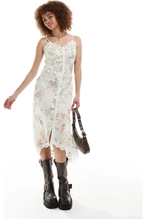 Reclaimed Button front slip dress with lace in floral print