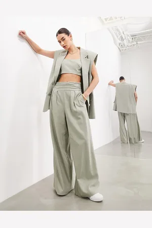 ASOS Ruched waistband super wide leg tailored pants in dusky green - part of a set