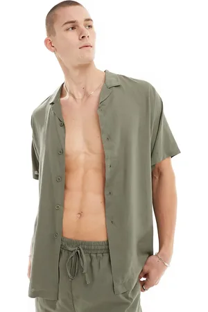 South Beach Short sleeve linen blend beach shirt in khaki