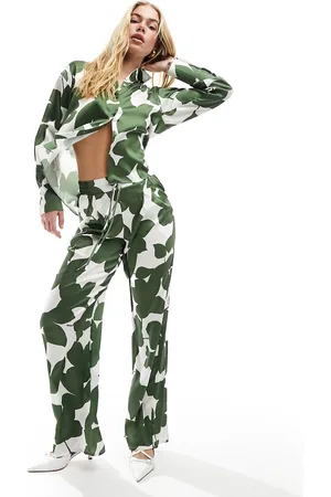 Style Cheat Satin wide leg pants in green print - part of a set