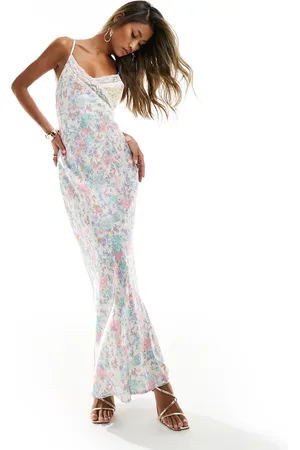 Love Triangle Satin cami maxi dress with lace insert in floral