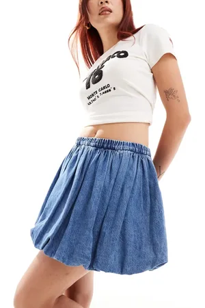 Stradivarius Denim bubble hem mini skirt in mid