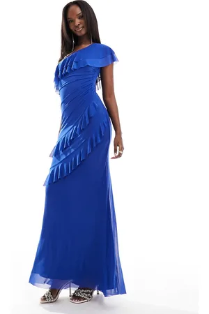 Flounce London One shoulder mesh maxi dress in cobalt