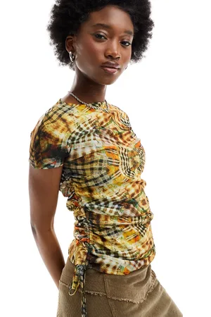 COLLUSION Abstract plaid cap sleeve cut out top in