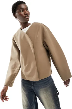 Monki Brushed short collarless jacket with balloon sleeves in taupe