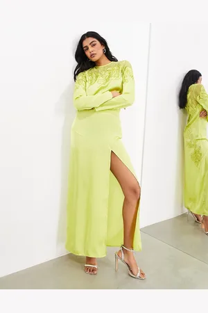 ASOS Embroidered lace paneled long sleeve column maxi dress in lime