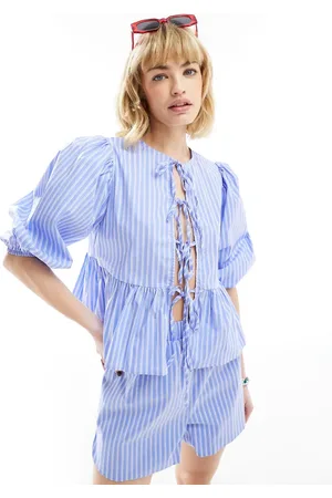 Glamorous Tie front volume smock top in white stripe - part of a set