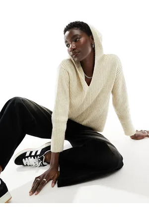 Monki V neck knitted hood sweater in beige