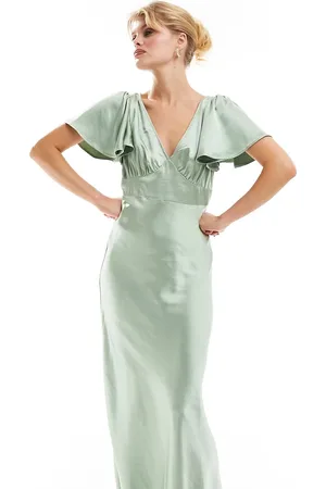 Six Stories Bridesmaid flutter sleeve satin maxi dress in sage
