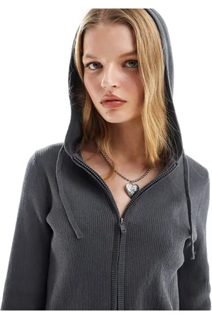 Monki Knit zip up cardigan with hood in dark melange