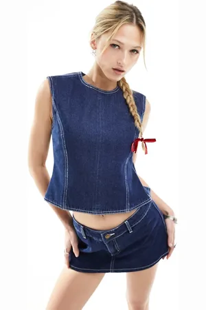 Lioness Denim sleeveless open tie back top in indigo wash - part of a set