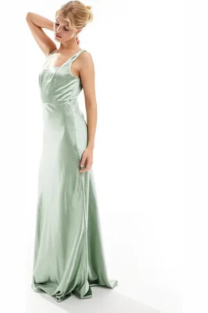 Six Stories Bridesmaid square neck satin maxi dress in sage