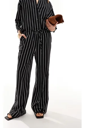ASOS Wide leg pull on pants with linen in black stripe