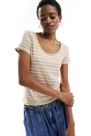 Monki Short sleeve fitted top with scoop neck in stripes