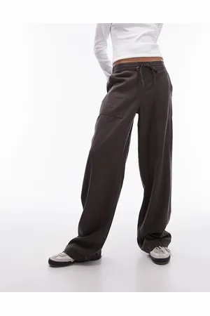 Topshop Linen low rise draw cord waist straight leg pants in charcoal