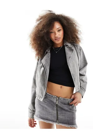 Miss Selfridge Crop denim biker jacket in acid wash