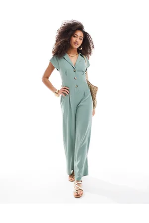 ASOS Collared linen look button up jumpsuit in sage
