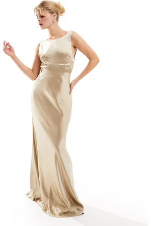 Six Stories Bridesmaids cowl back satin maxi dress in champagne