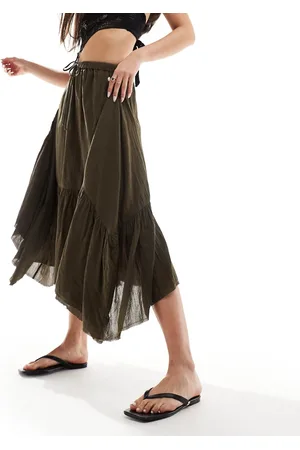 COLLUSION Western ultimate asymmetric midi skirt in dark khaki