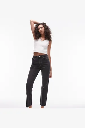 Topshop Cropped mid rise straight jeans with raw hems in washed