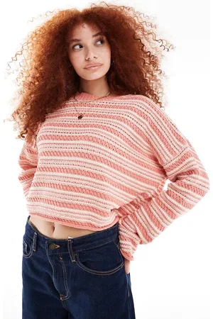ASOS Cropped crew neck stitch sweater in peach stripe