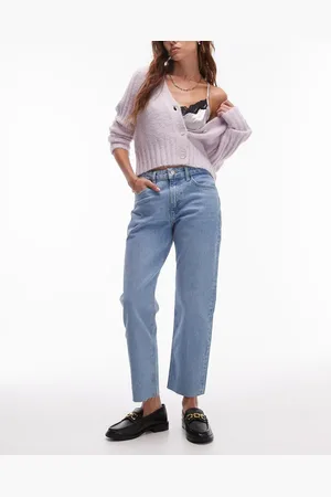 Topshop Cropped mid rise straight jeans with raw hems in bleach