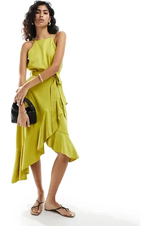 Style Cheat Halterneck cami midi dress with tie waist in lime
