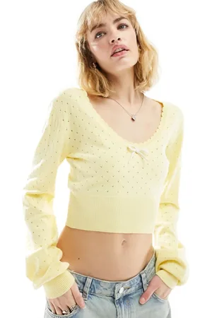 ASOS Knit long sleeve top in pointelle stitch with contrast bow detail in lemon