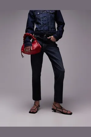 Topshop Cropped mid rise straight jeans with raw hems in black