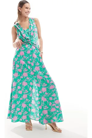 Closet A-Line sleeveless front twist dress in green and pink