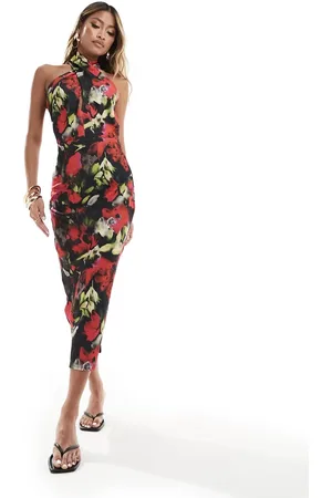 True Violet Halter midi dress in dark base floral