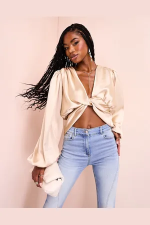 ASOS Satin drape twist front top in oyster