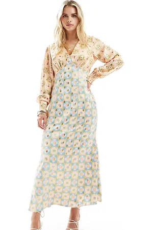 Never Fully Dressed Petite balloon sleeve metallic maxi dress in contrast print