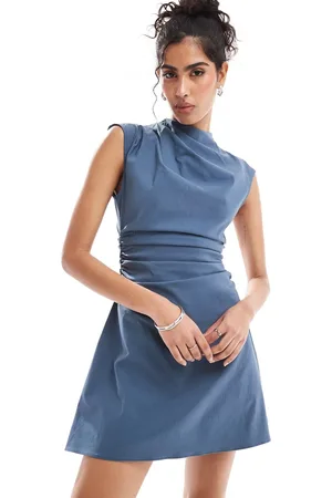 ASOS Bengaline high neck sleeveless mini dress with ruching detail in denim