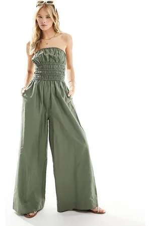 ASOS Shirred bodice wide leg jumpsuit in olive