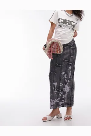 Topshop Washed ribbed floral shadow print midi skirt in