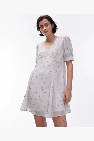 Topshop Scoop neck vintage floral mini tea dress in washed blue