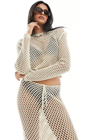 Miss Selfridge Open knit crochet holey slouch sweater in taupe