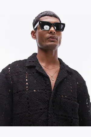 Topman Short sleeve crochet camp collar shirt in